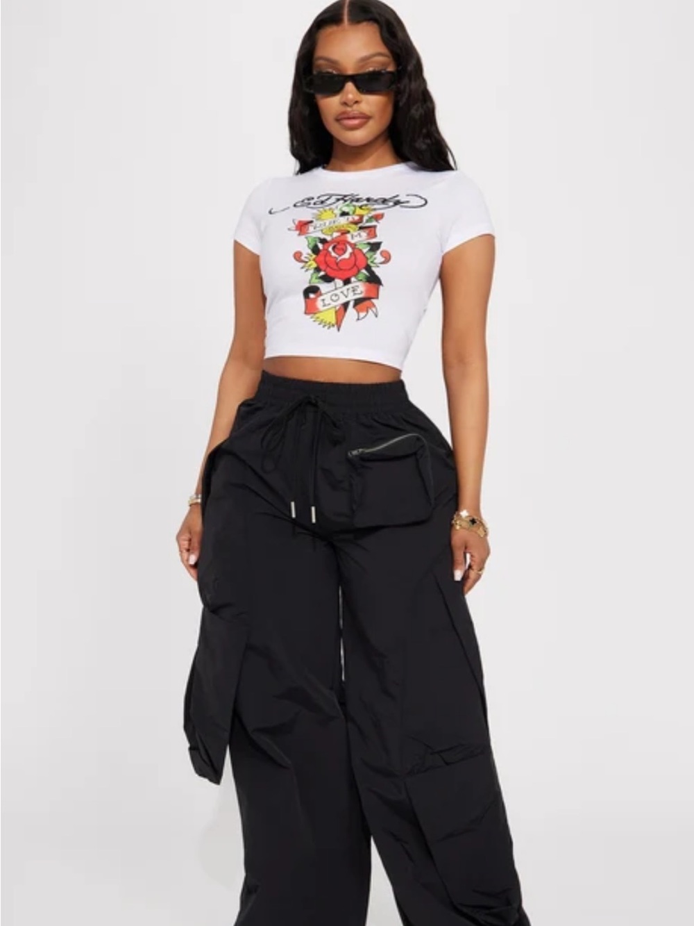 NWT Ed Hardy White Graphic Crop Floral Banner Crop Tee |Large